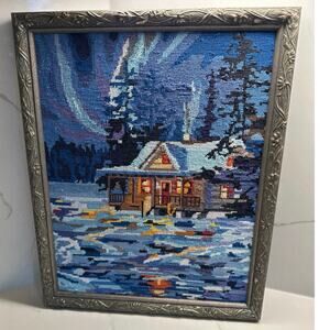2007 Dimensions Needlepoint Framed Art -  Winter Sky Cabin, 12x15 Blues Purples
